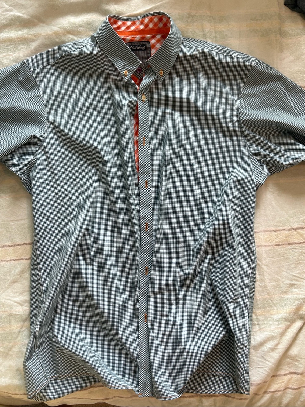 Civil Society Men's Short-Sleeve Button-Down Shirt in Blue with Orange Trim NWT